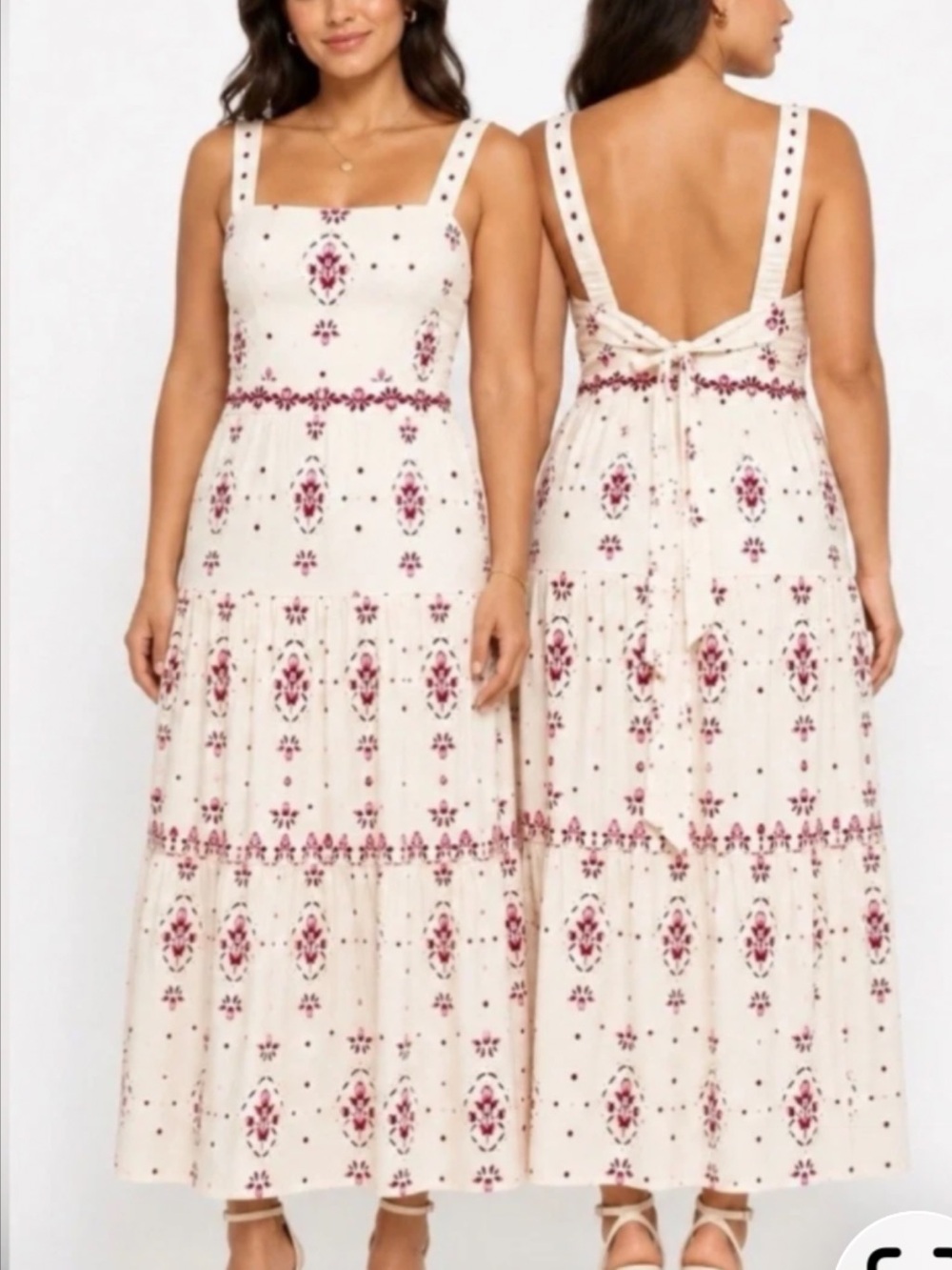 CHRISTIAN LACROIX Floral Beaded Linen Blend Tiered Midi Cream Pink M Coquette